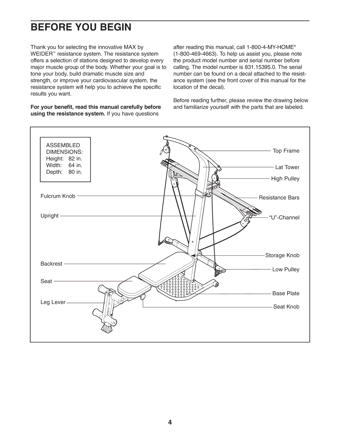 Weider 831.15395.0 user manual Before YOU Begin, Dimensions 