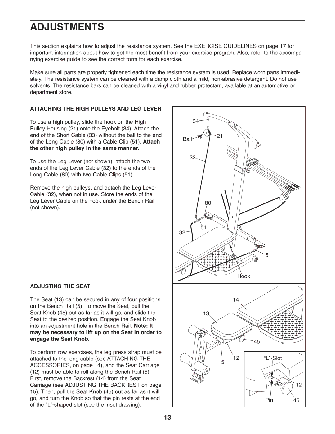 Weider 831.15395.1 user manual Adjustments, Attaching the High Pulleys and LEG Lever, Adjusting the Seat 