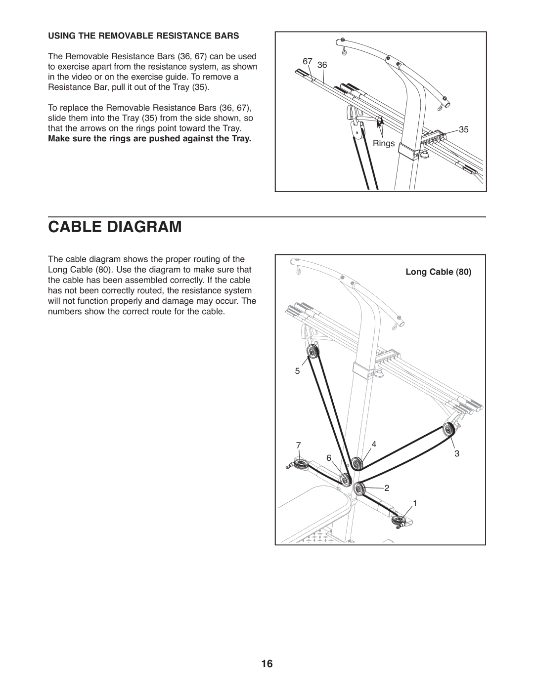 Weider 831.15395.1 Cable Diagram, Using the Removable Resistance Bars, Make sure the rings are pushed against the Tray 