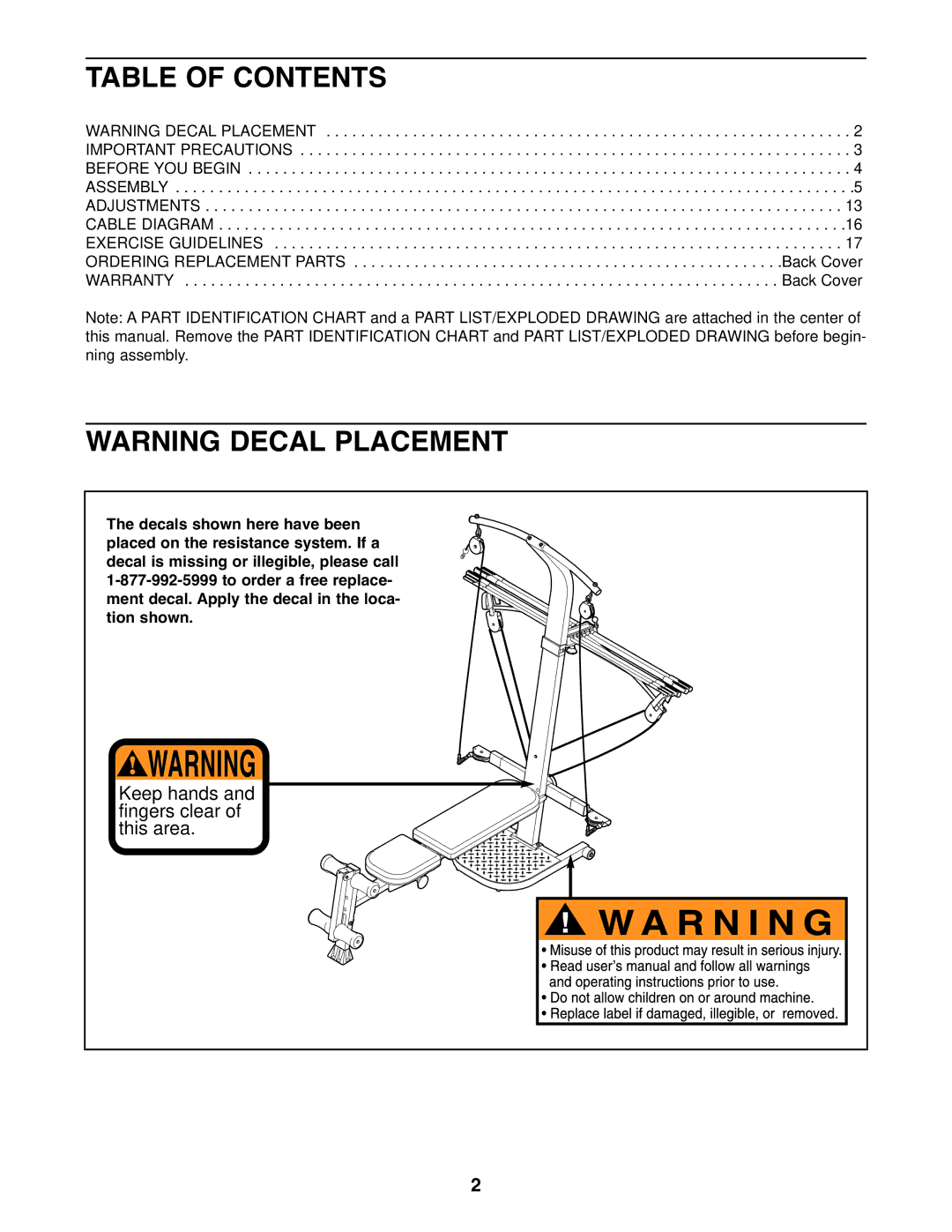 Weider 831.15395.1 user manual Table of Contents 