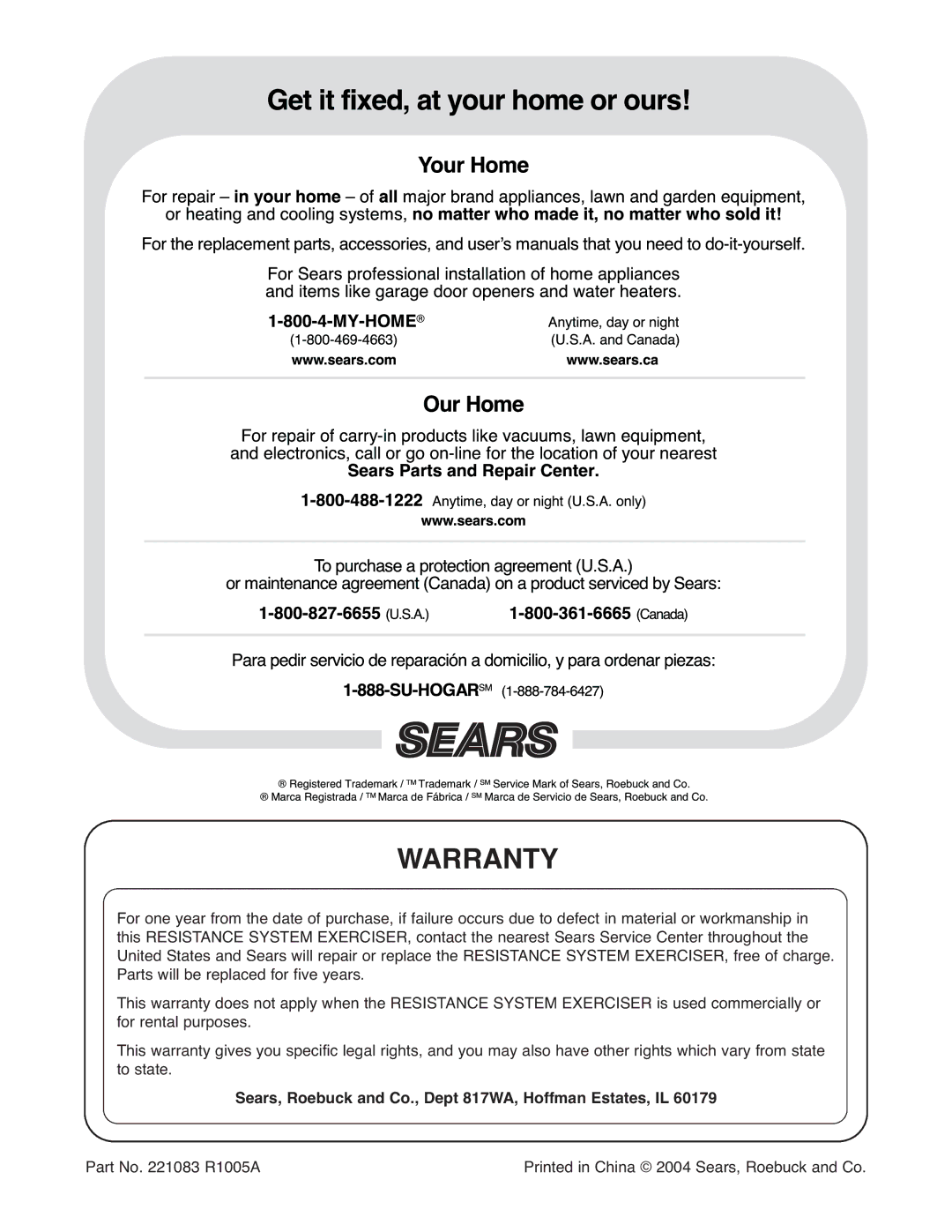 Weider 831.15395.1 user manual Warranty, Sears, Roebuck and Co., Dept 817WA, Hoffman Estates, IL 