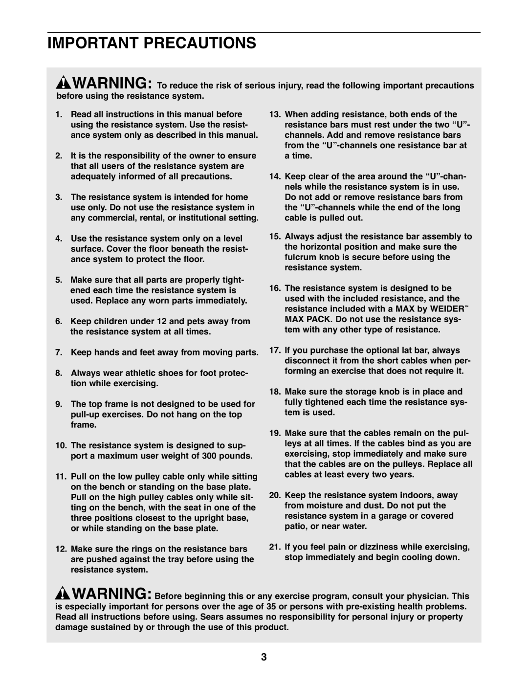 Weider 831.15395.1 user manual Important Precautions 