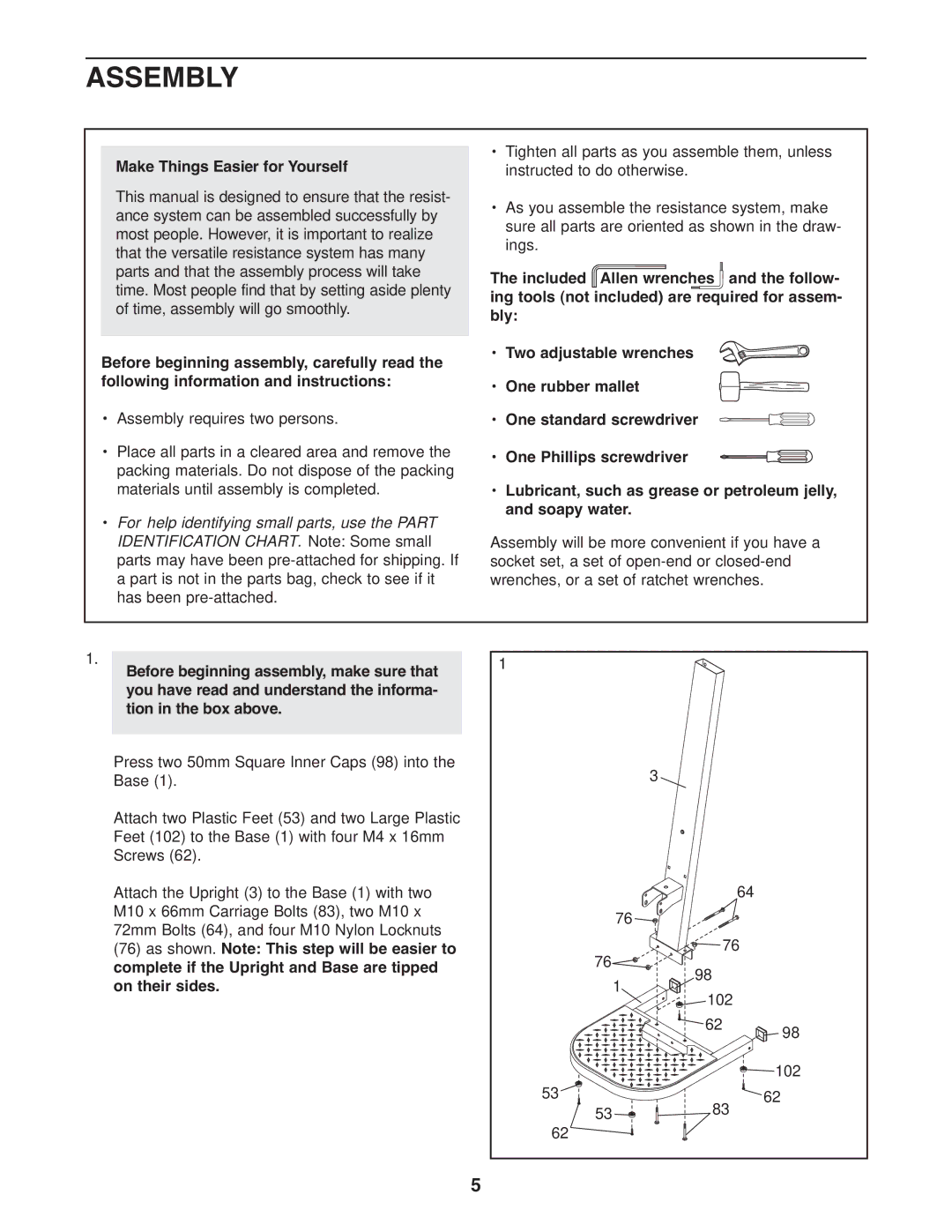 Weider 831.15395.1 user manual Assembly, Make Things Easier for Yourself 