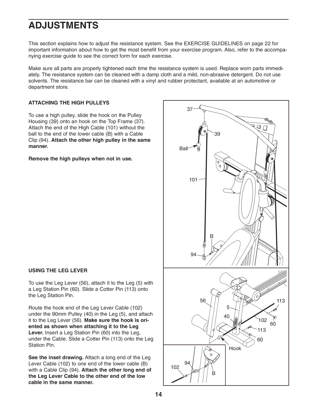 Weider 831.153971 Adjustments, Attaching the High Pulleys, Remove the high pulleys when not in use, Using the LEG Lever 