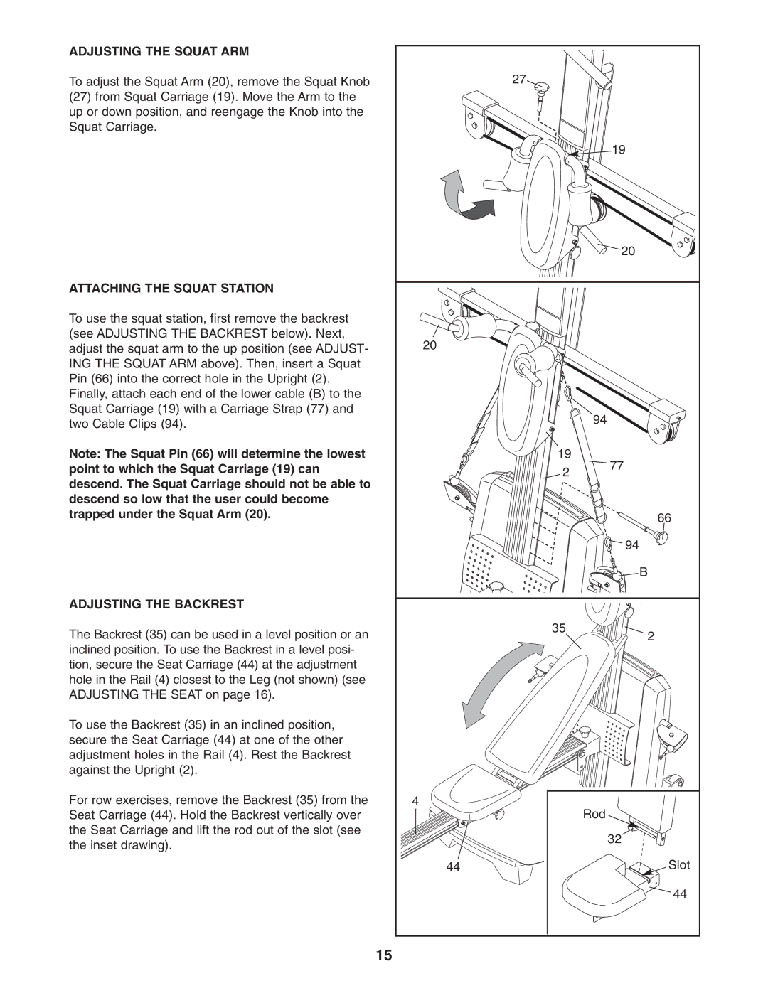 Weider 831.153971 user manual Adjusting the Squat ARM, Attaching the Squat Station, Adjusting the Backrest 