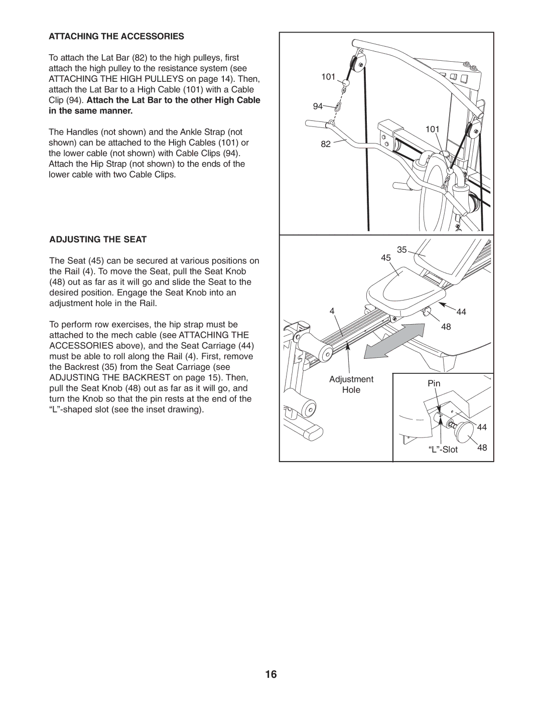 Weider 831.153971 user manual Attaching the Accessories, Adjusting the Seat 