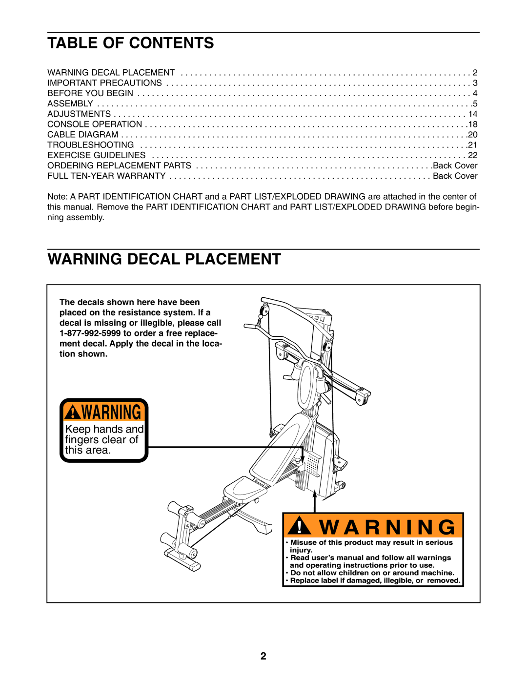 Weider 831.153971 user manual Table of Contents 