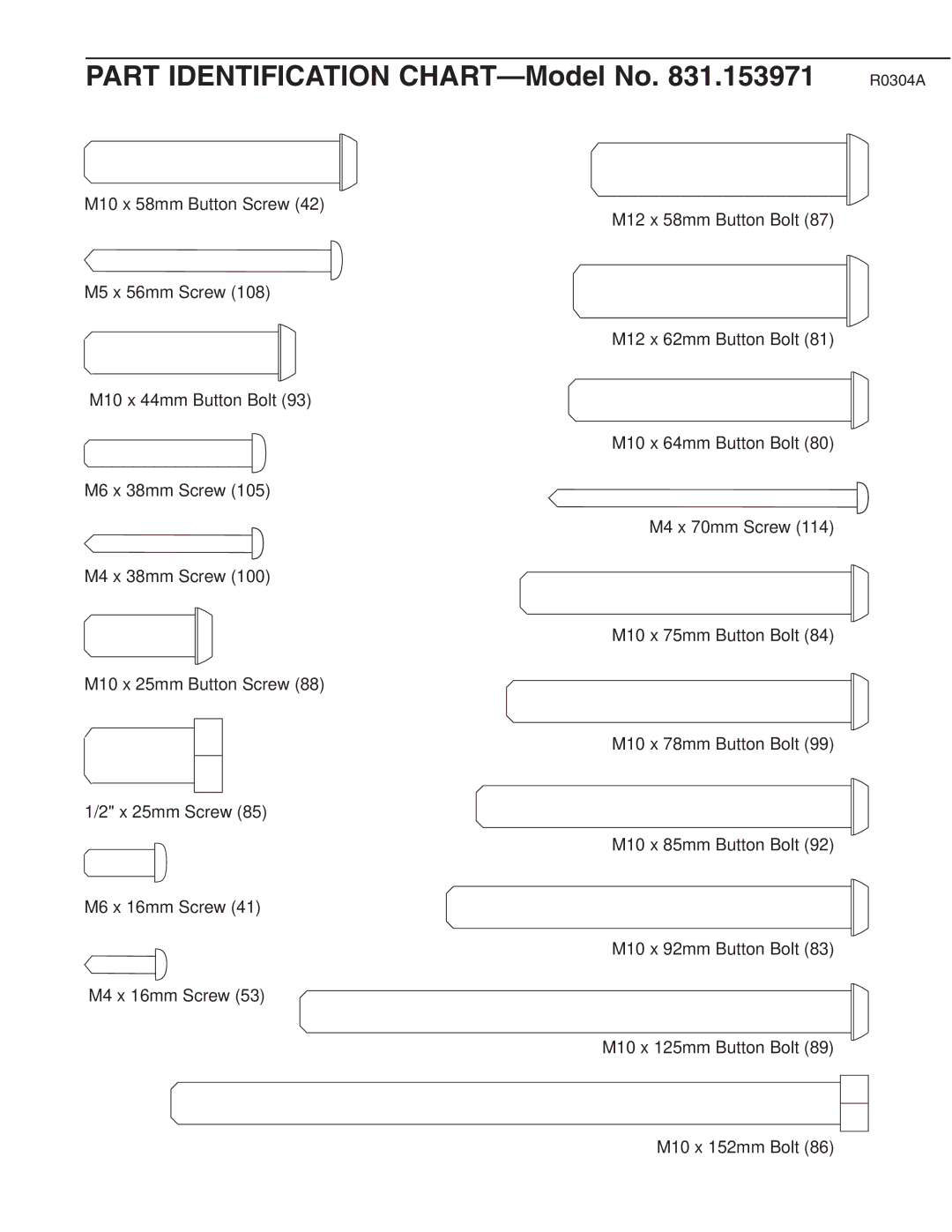 Weider 831.153971 user manual Part Identification CHART-Model No .153971 R0304A 