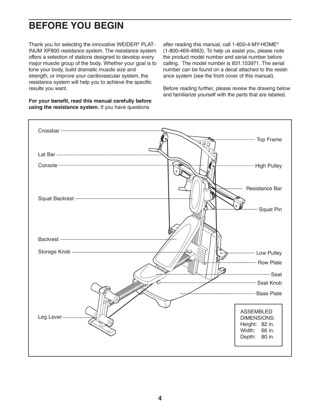 Weider 831.153971 user manual Before YOU Begin 