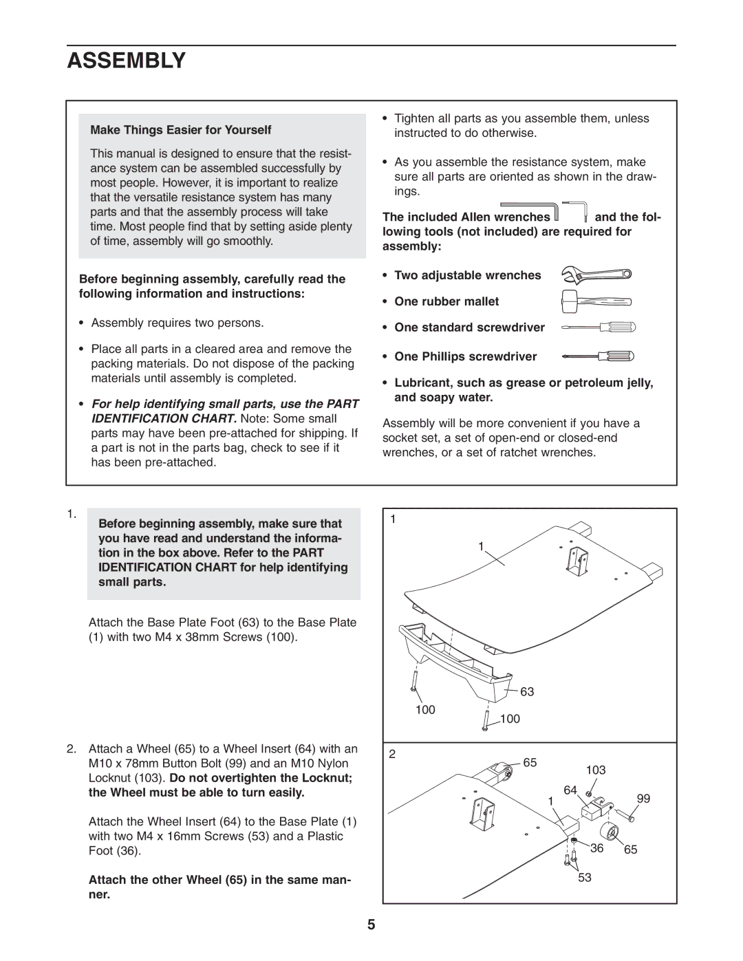 Weider 831.153971 user manual Assembly, Make Things Easier for Yourself, Attach the other Wheel 65 in the same man- ner 