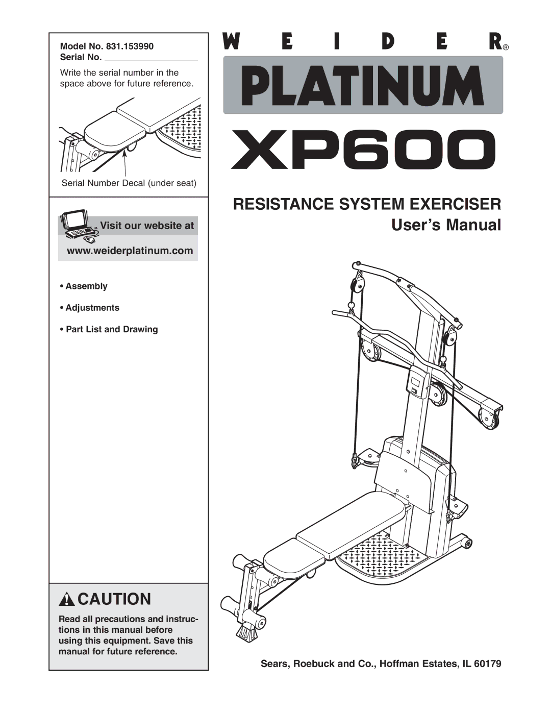 Weider 831.153990 user manual Visit our website at, Model No Serial No 