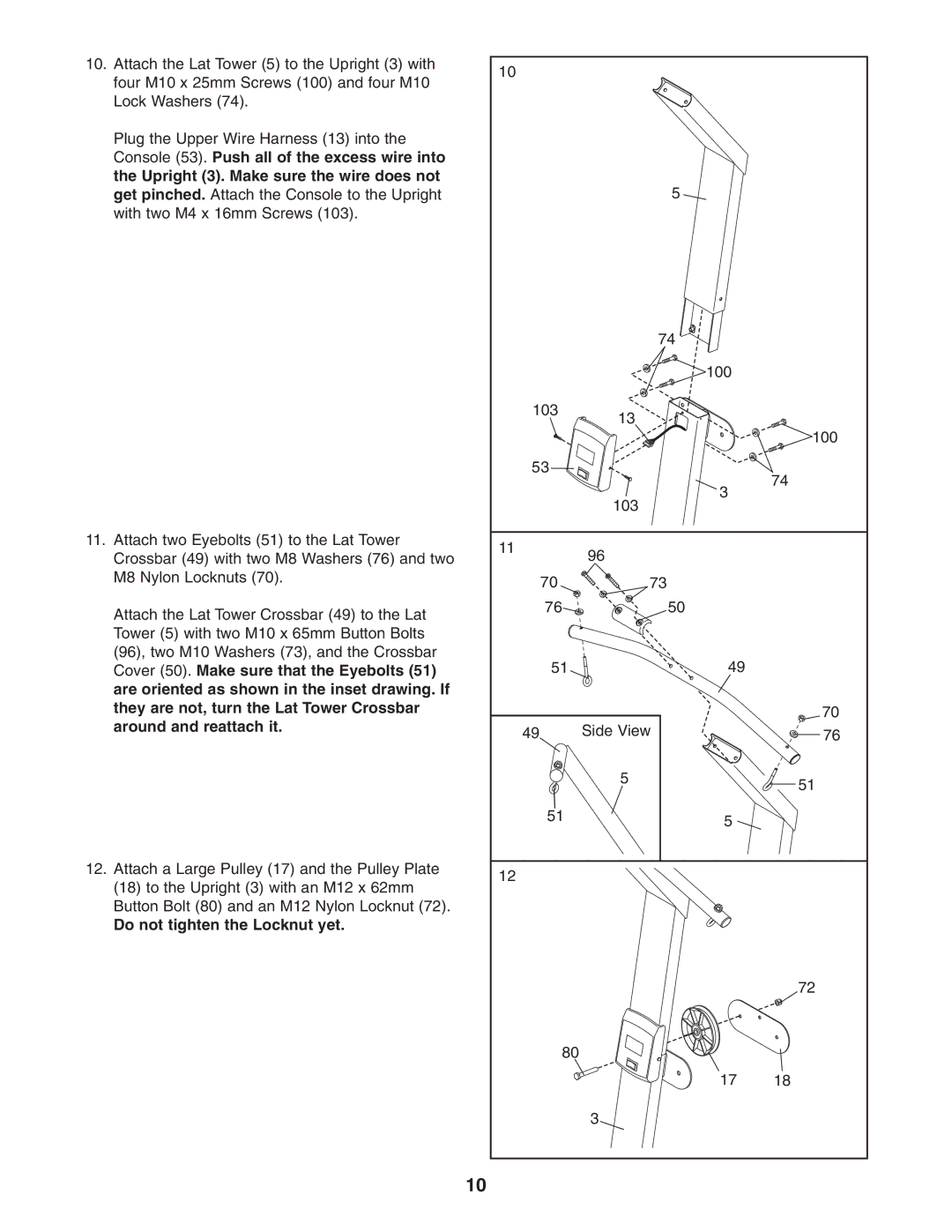 Weider 831.153990 user manual Do not tighten the Locknut yet 