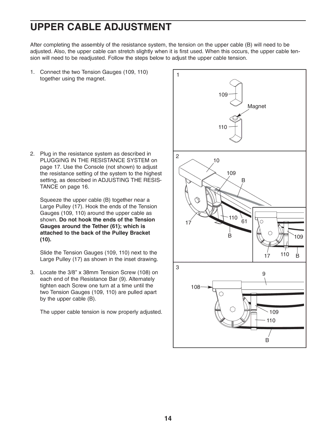 Weider 831.153990 user manual Upper Cable Adjustment 