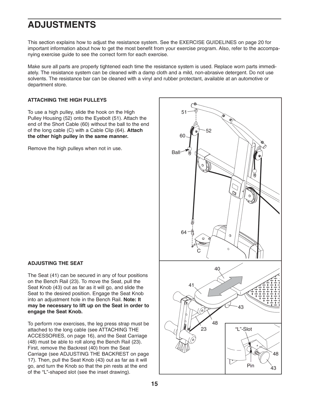 Weider 831.153990 user manual Adjustments, Attaching the High Pulleys, Adjusting the Seat 