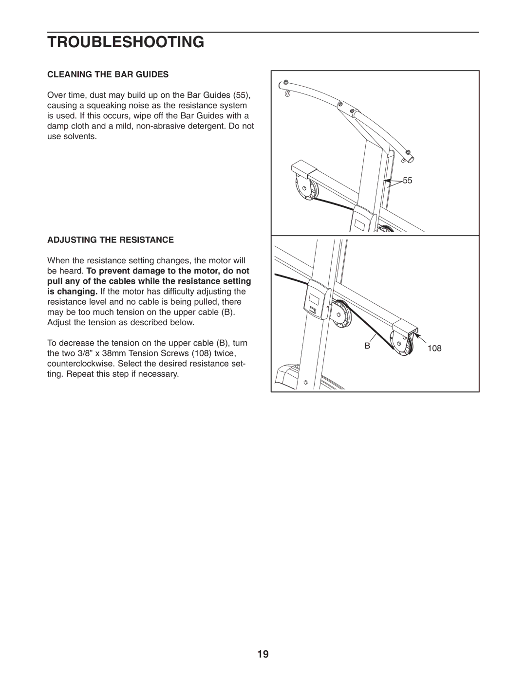 Weider 831.153990 user manual Troubleshooting, Cleaning the BAR Guides 