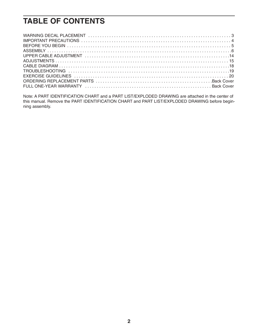 Weider 831.153990 user manual Table of Contents 