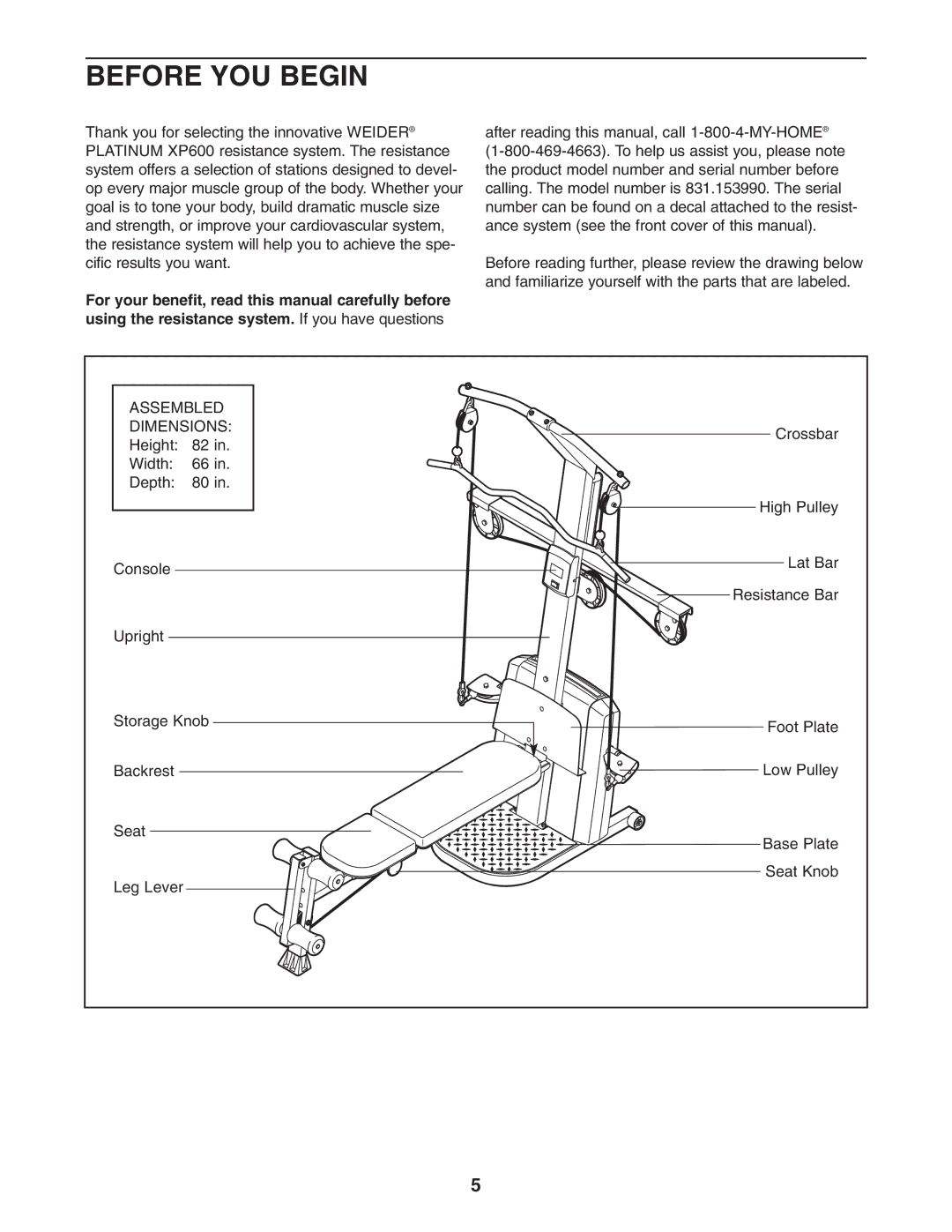 Weider 831.153990 user manual Before YOU Begin, Assembled Dimensions 