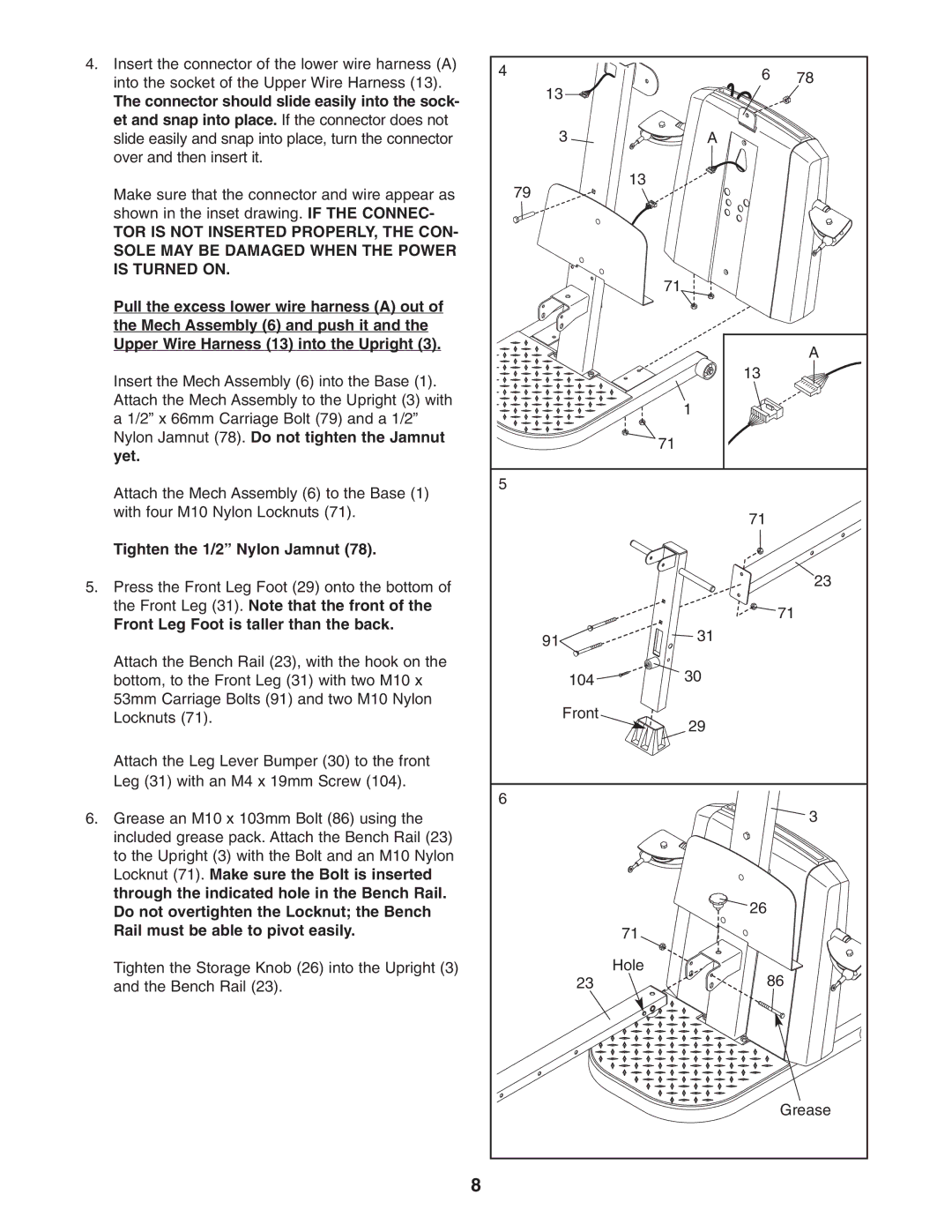 Weider 831.153990 user manual Connector should slide easily into the sock, Nylon Jamnut 78. Do not tighten the Jamnut Yet 