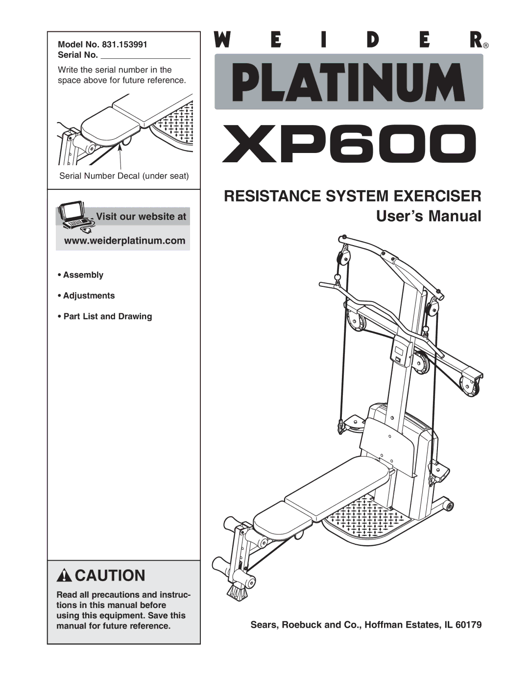 Weider 831.153991 user manual Visit our website at, Model No Serial No 