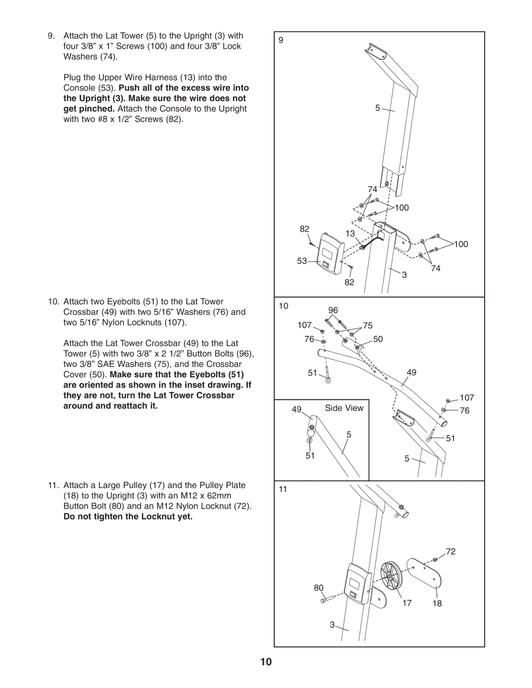 Weider 831.153991 user manual Do not tighten the Locknut yet 