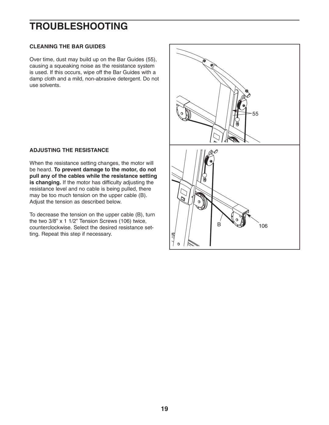 Weider 831.153991 user manual Troubleshooting, Cleaning the BAR Guides 