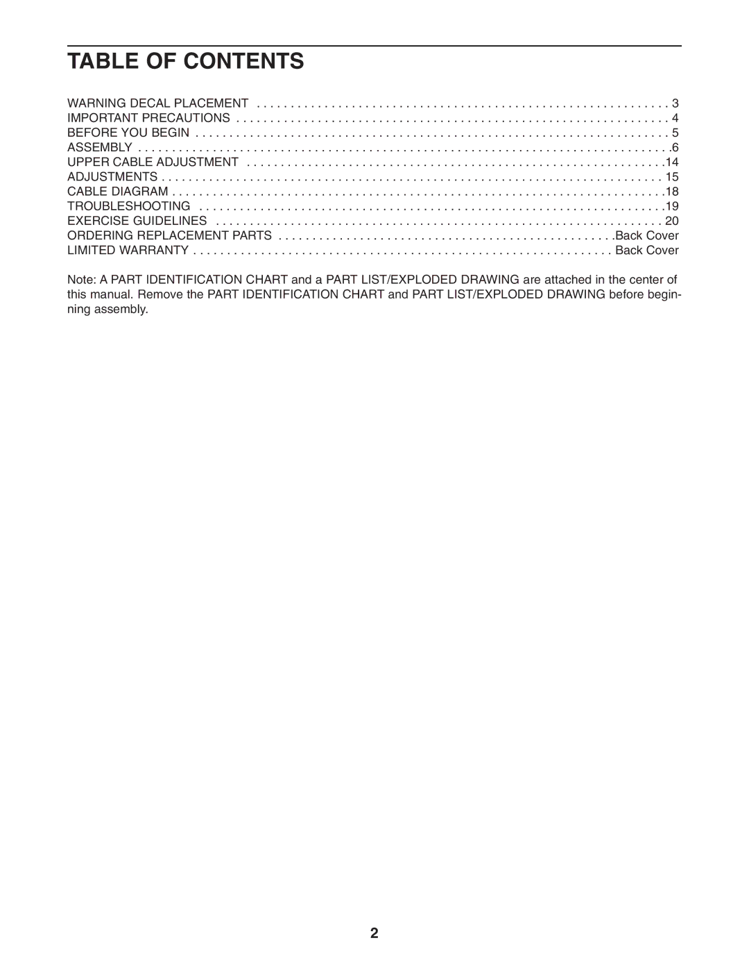 Weider 831.153991 user manual Table of Contents 