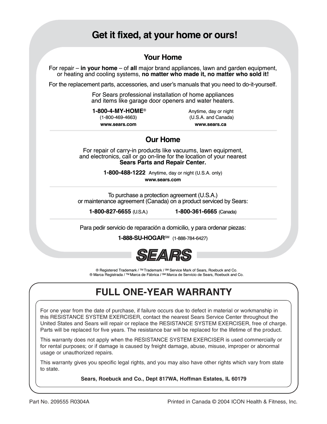 Weider 831.153991 user manual Full ONE-YEAR Warranty, Sears, Roebuck and Co., Dept 817WA, Hoffman Estates, IL 