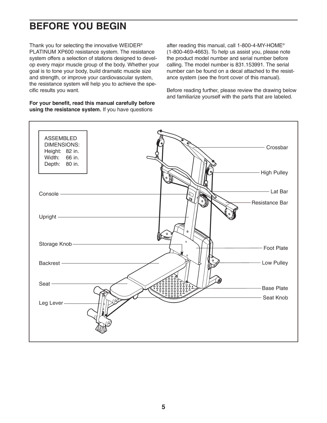 Weider 831.153991 user manual Before YOU Begin, Assembled Dimensions 