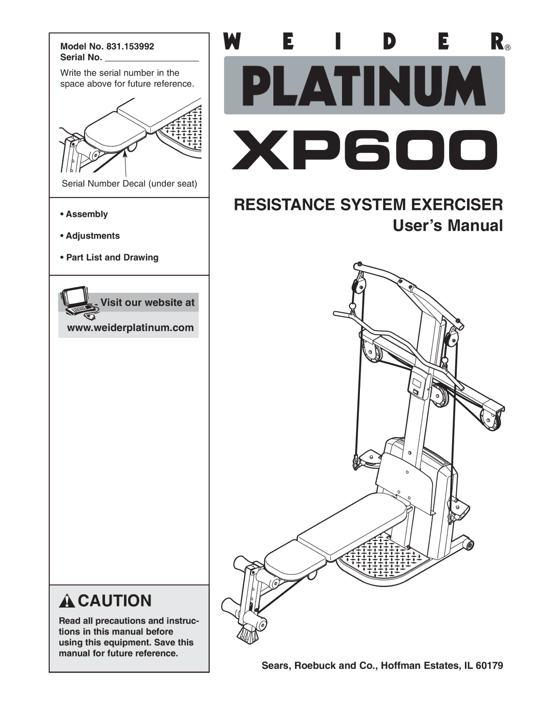 Weider 831.153992 user manual Model No Serial No, Assembly Adjustments Part List and Drawing 