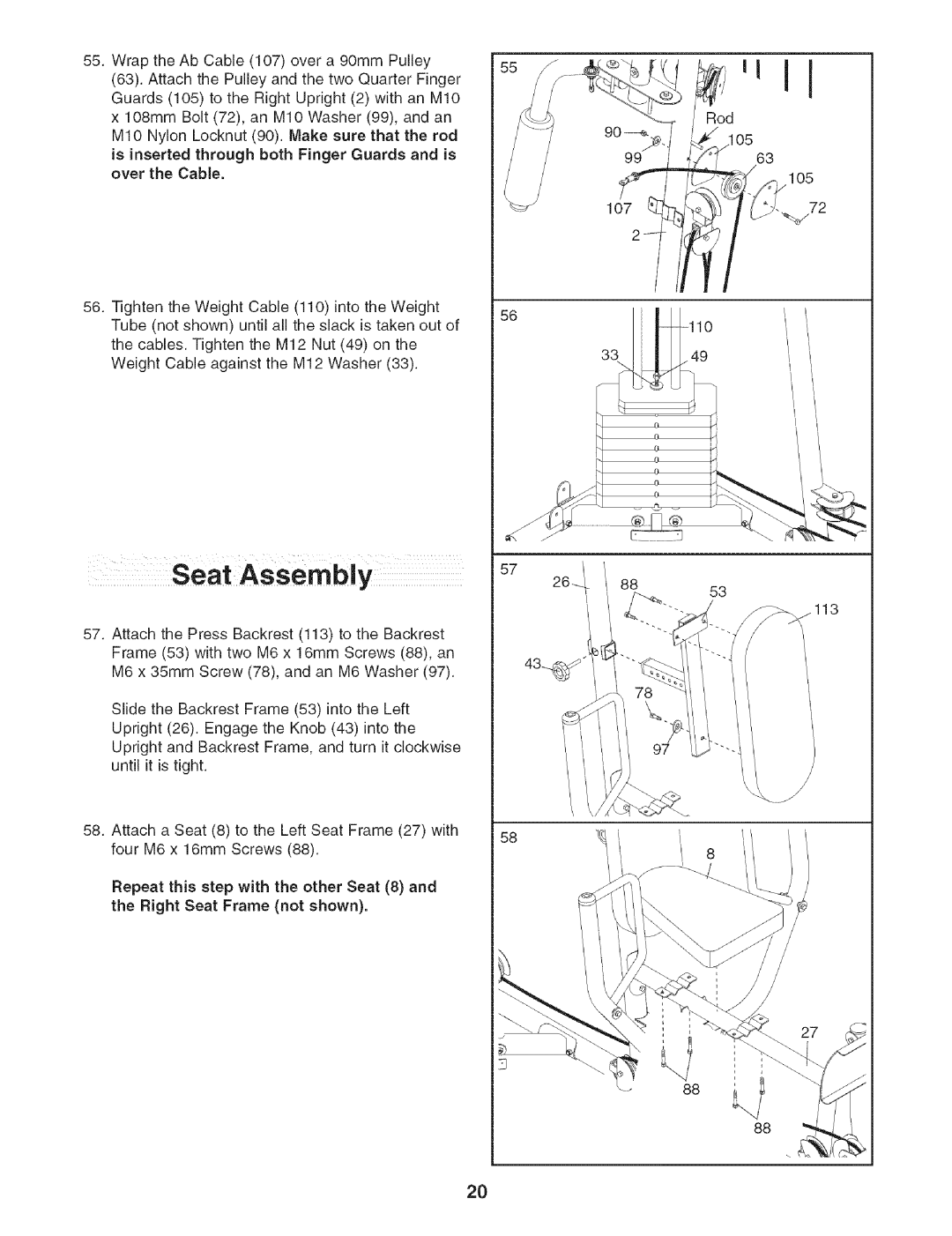 Weider 831.154021 user manual Seat Assembly 