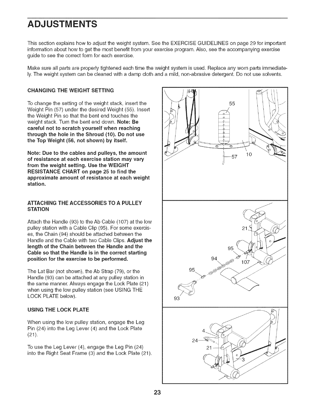 Weider 831.154021 user manual Changing, Setting, Station, Using the Lock Plate 