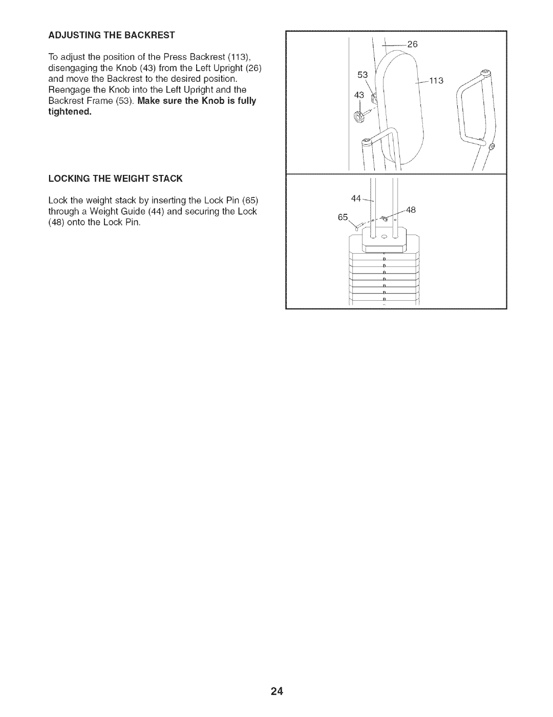 Weider 831.154021 user manual Adjusting the Backrest, Locking the Weight Stack 