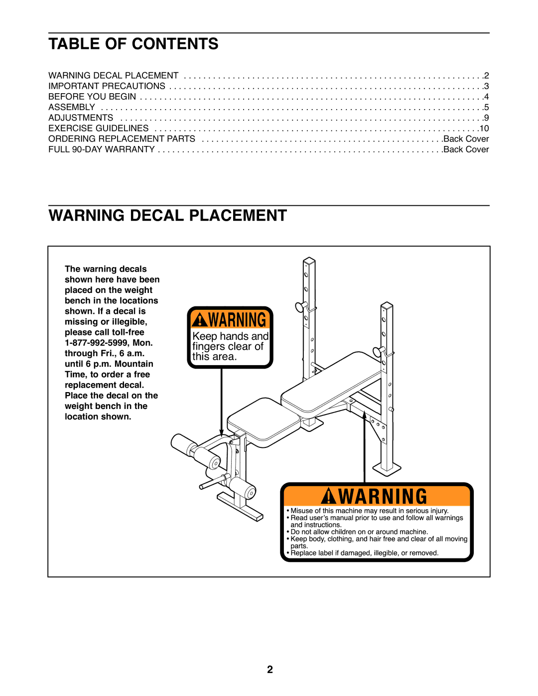 Weider 831.15607.0 user manual Table of Contents 