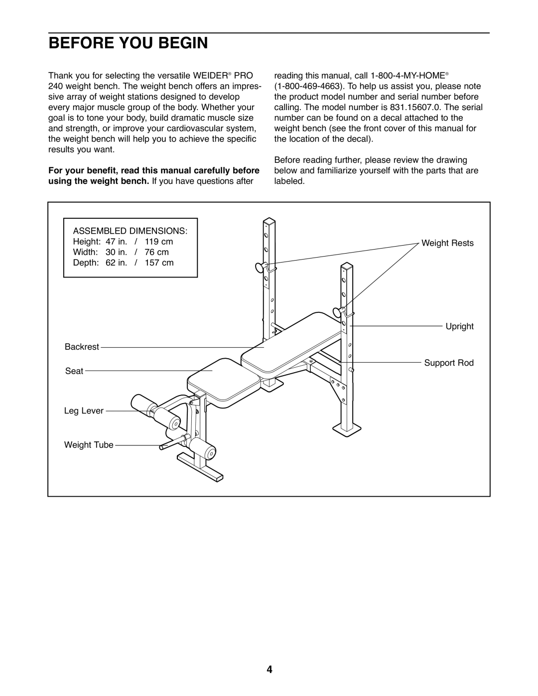 Weider 831.15607.0 user manual Before YOU Begin, Assembled Dimensions 