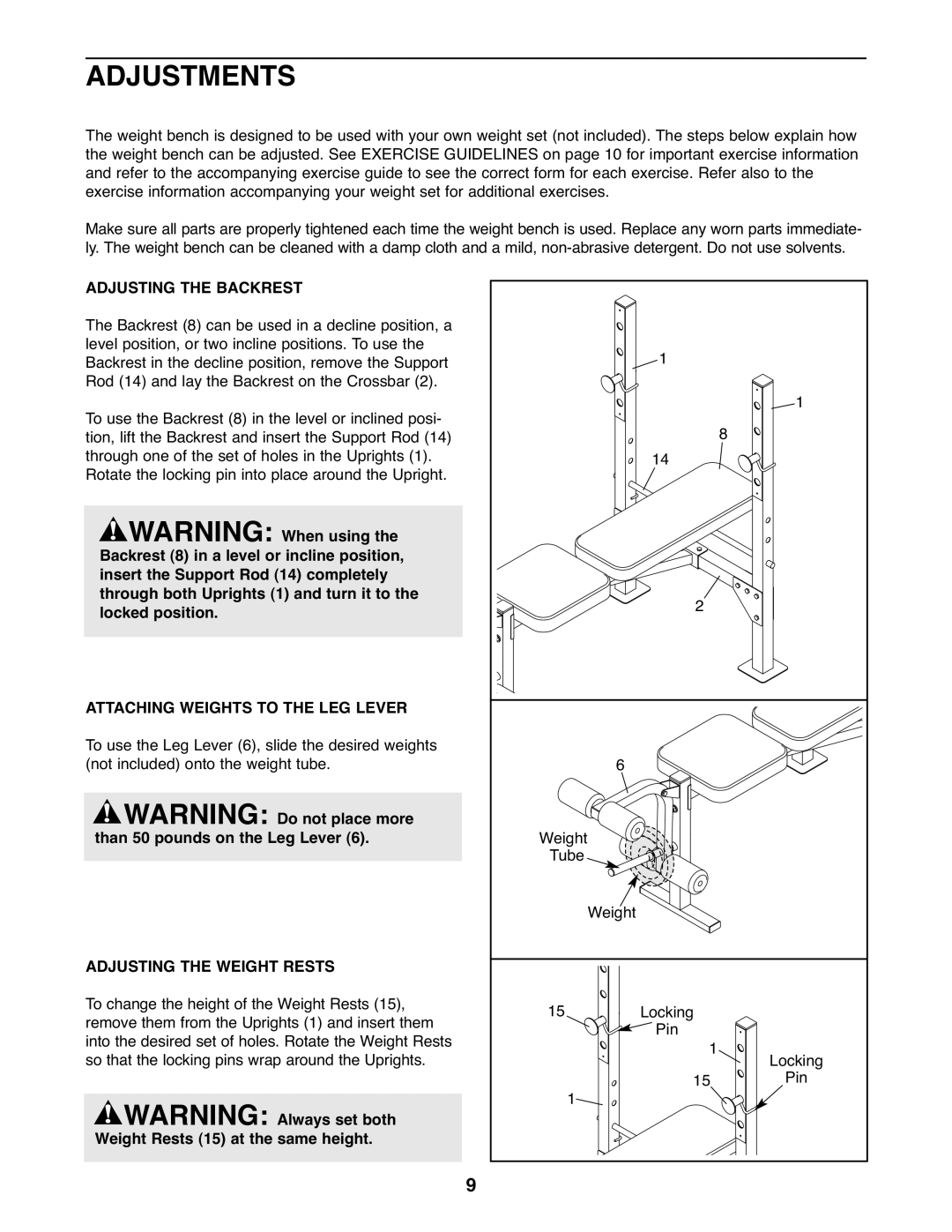 Weider 831.15607.0 Adjustments, Adjusting the Backrest, Attaching Weights to the LEG Lever, Adjusting the Weight Rests 