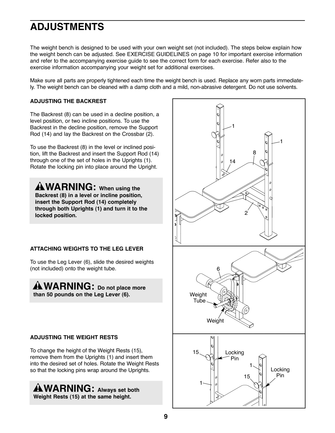 Weider 831.15607.1 user manual Adjustments, Than 50 pounds on the Leg Lever, Weight Rests 15 at the same height 