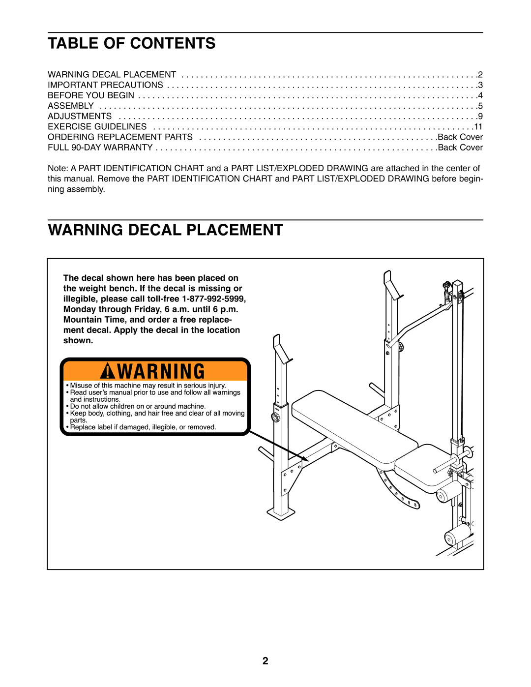 Weider 831.15609.0 user manual Table of Contents 