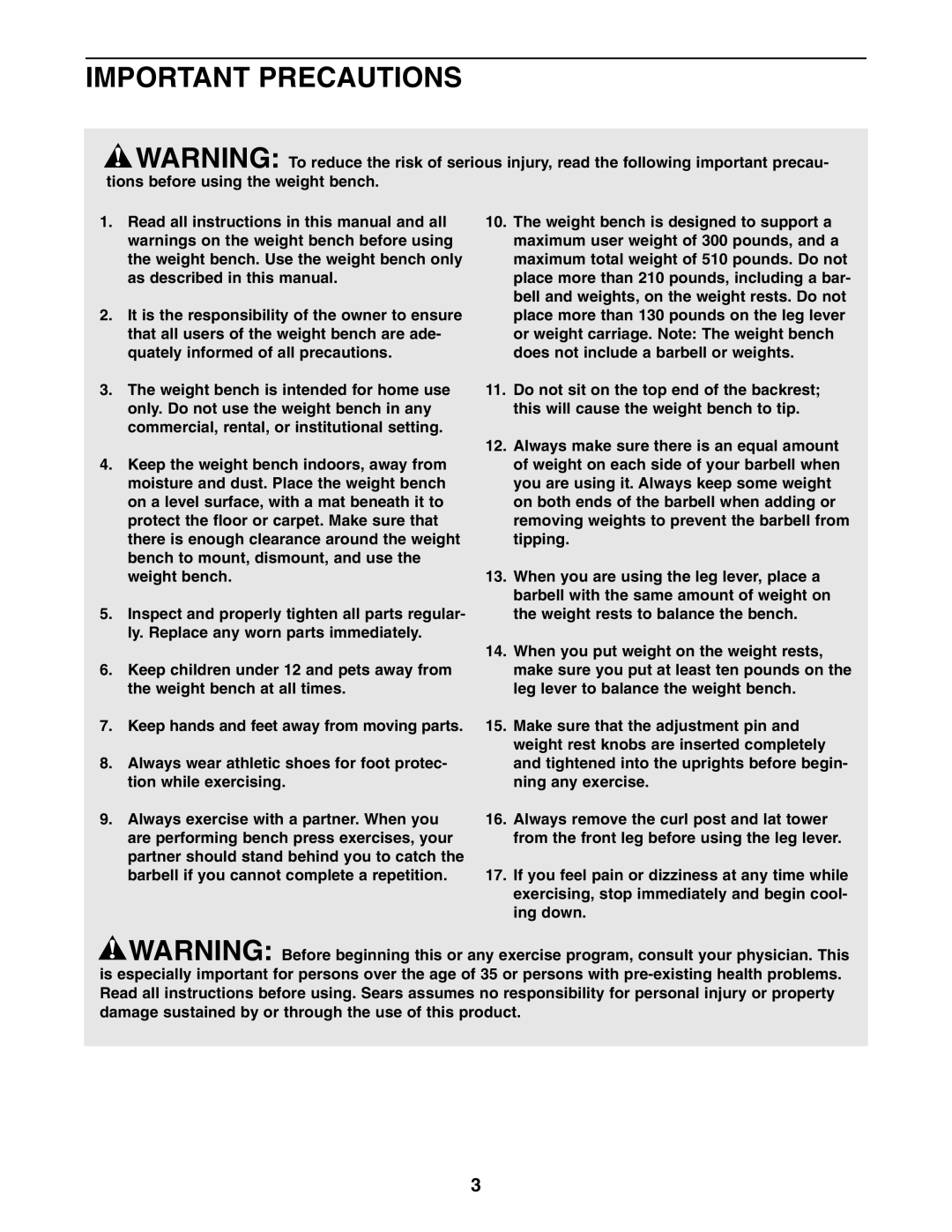 Weider 831.15609.0 user manual Important Precautions 