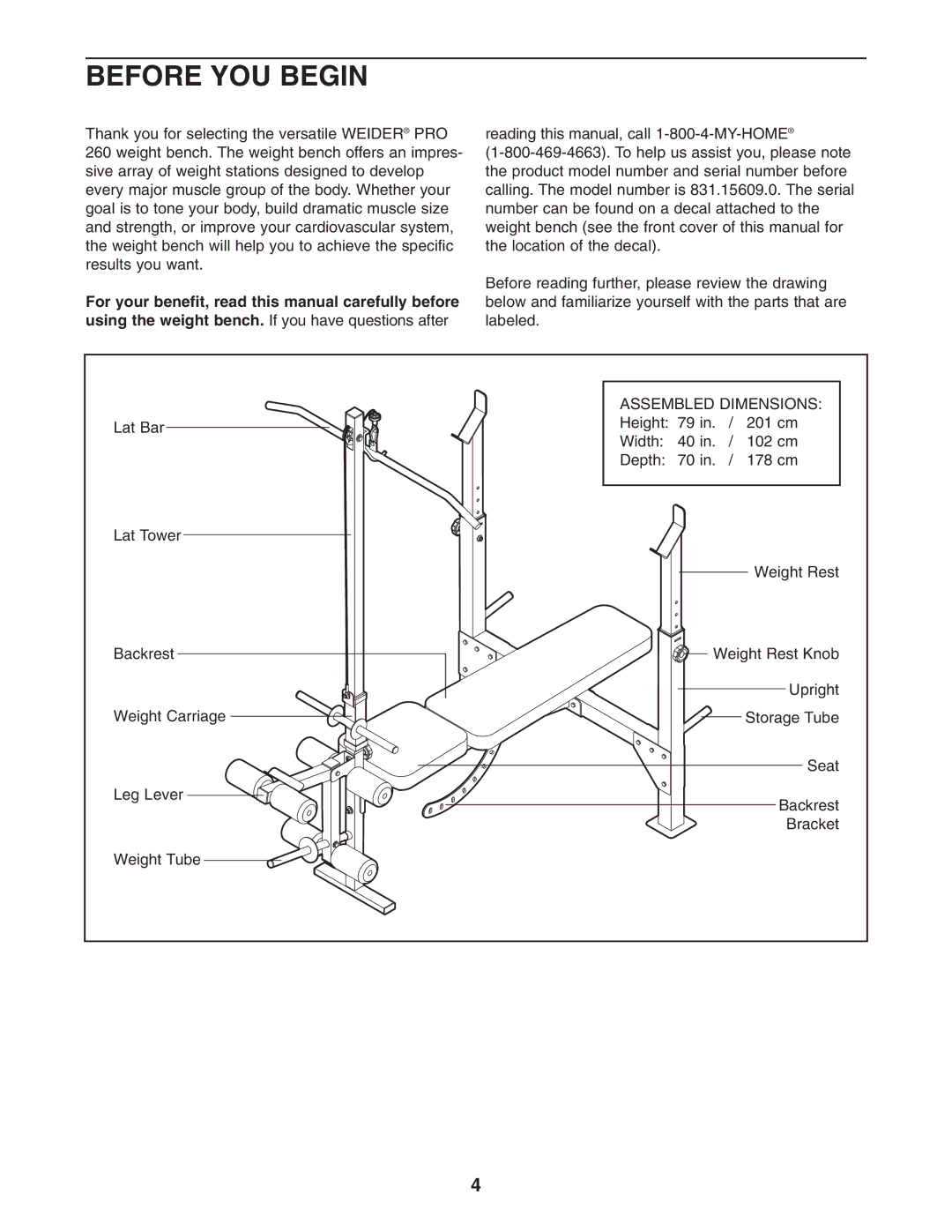 Weider 831.15609.0 user manual Before YOU Begin, Assembled Dimensions 