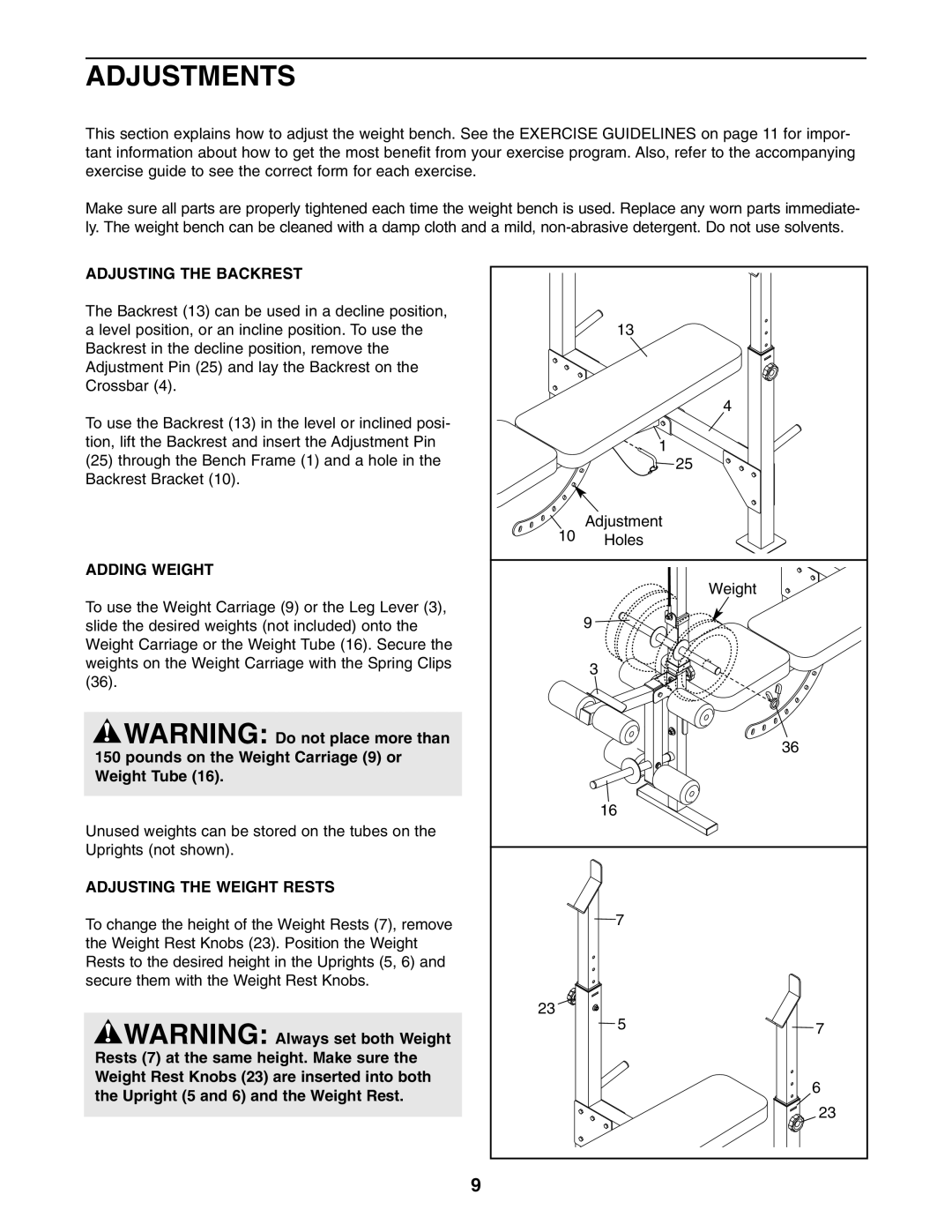 Weider 831.15609.0 user manual Adjustments, Adjusting the Backrest, Adding Weight, Adjusting the Weight Rests 