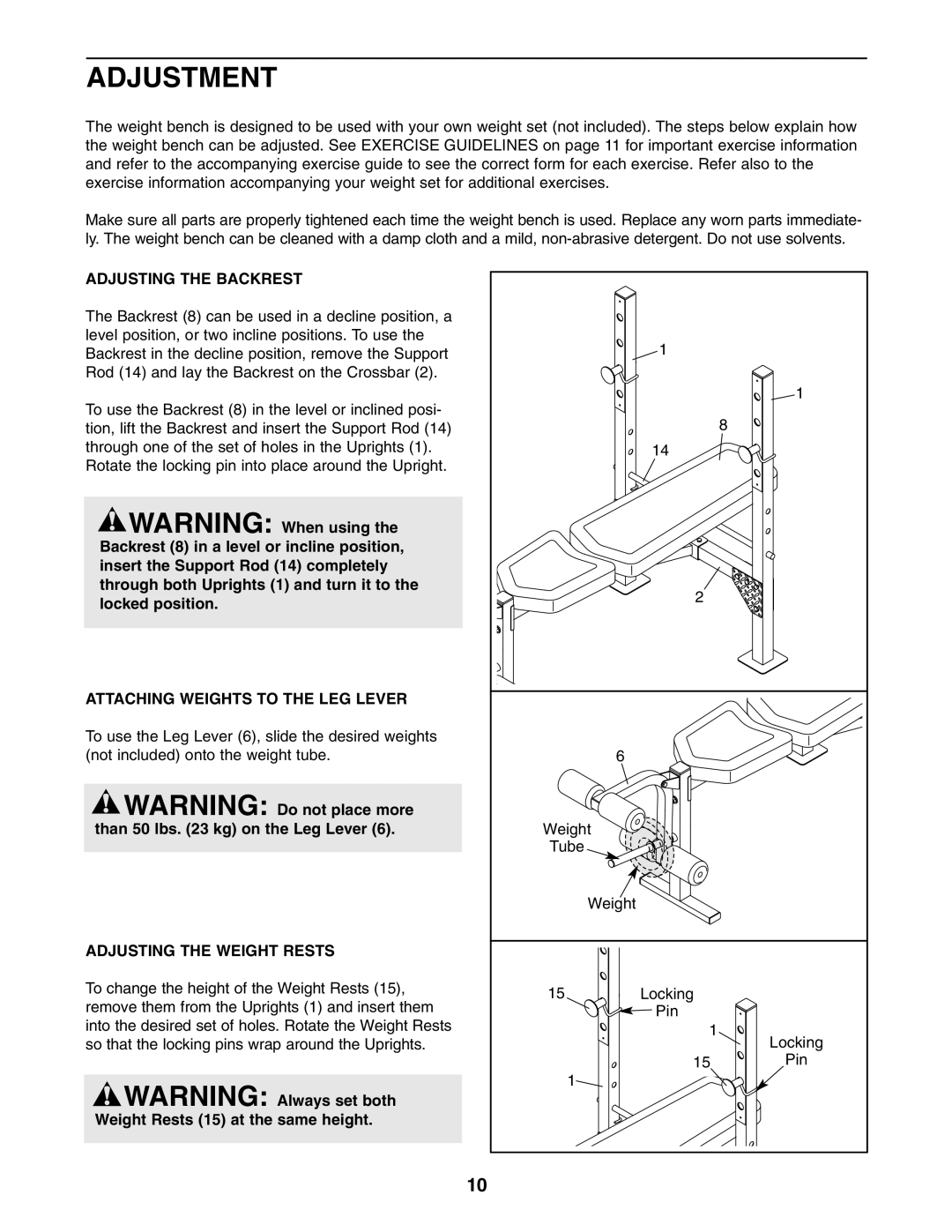 Weider 831.15707.0 user manual Adjustment, Adjusting the Backrest 