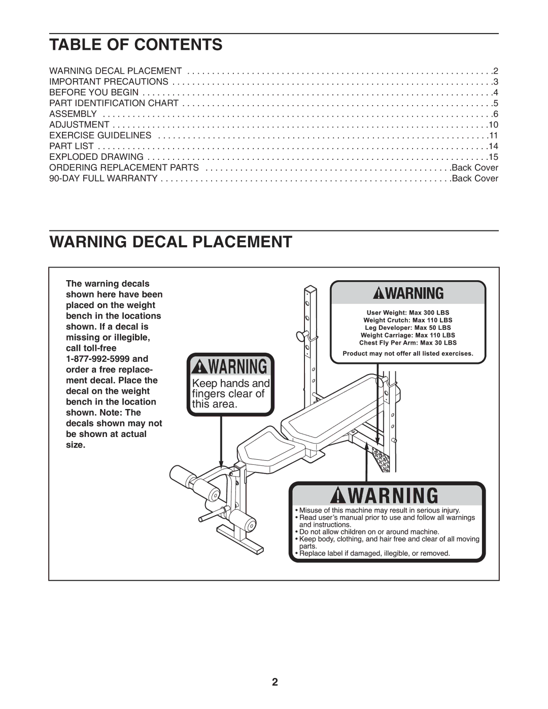 Weider 831.15707.0 user manual Table of Contents 