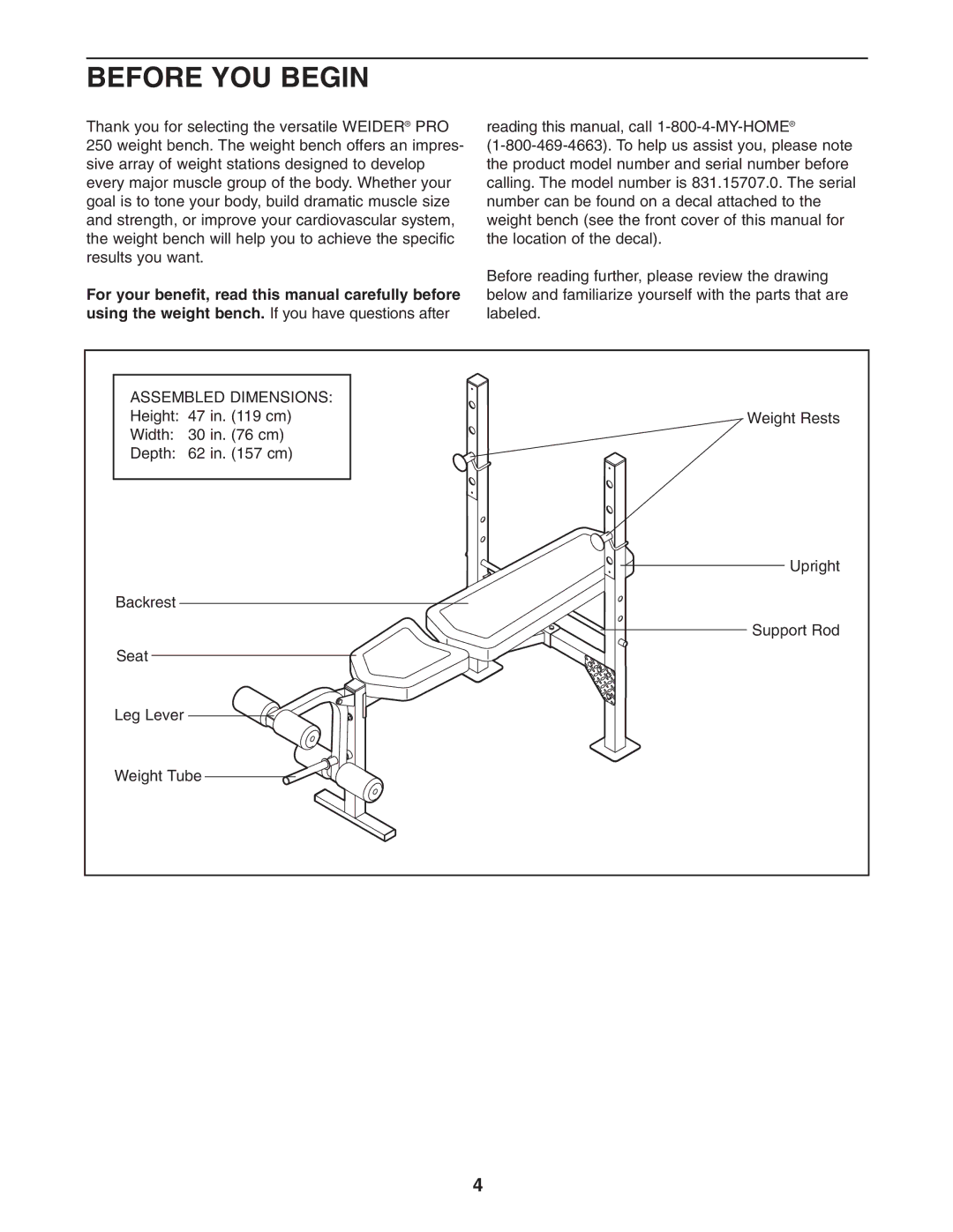 Weider 831.15707.0 user manual Before YOU Begin 