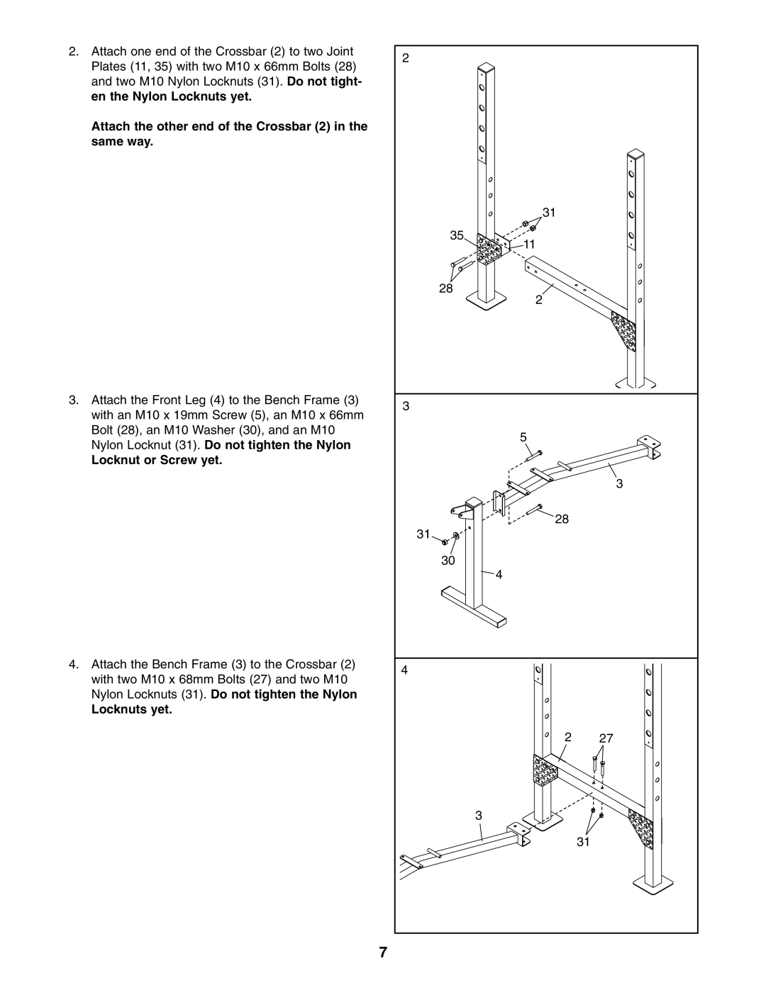 Weider 831.15707.0 user manual Attach the other end of the Crossbar 2 in the same way, Locknut or Screw yet, Locknuts yet 