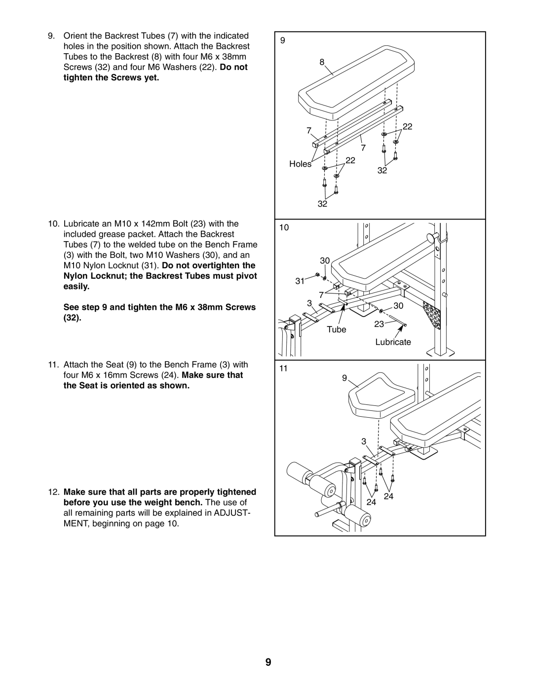 Weider 831.15707.0 user manual Holes Tube Lubricate 