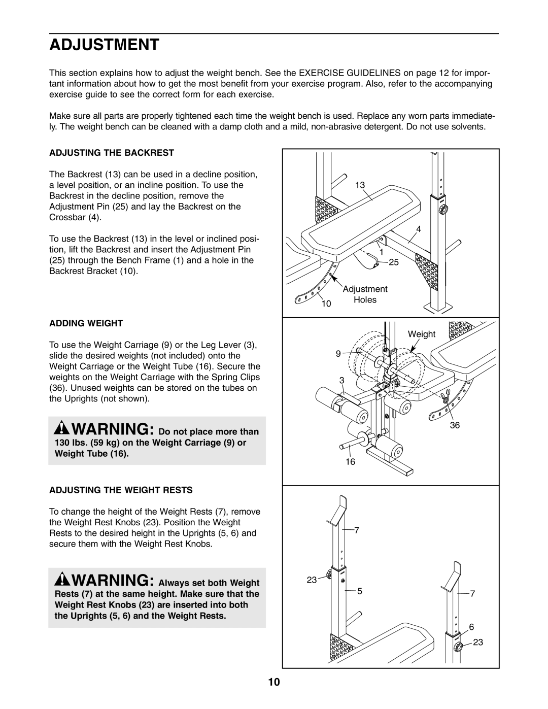 Weider 831.15711.0 user manual Adjustment, Adjusting the Backrest, Adding Weight, Adjusting the Weight Rests 