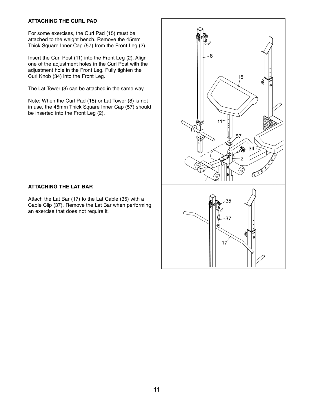 Weider 831.15711.0 user manual Attaching the Curl PAD, Attaching the LAT BAR 