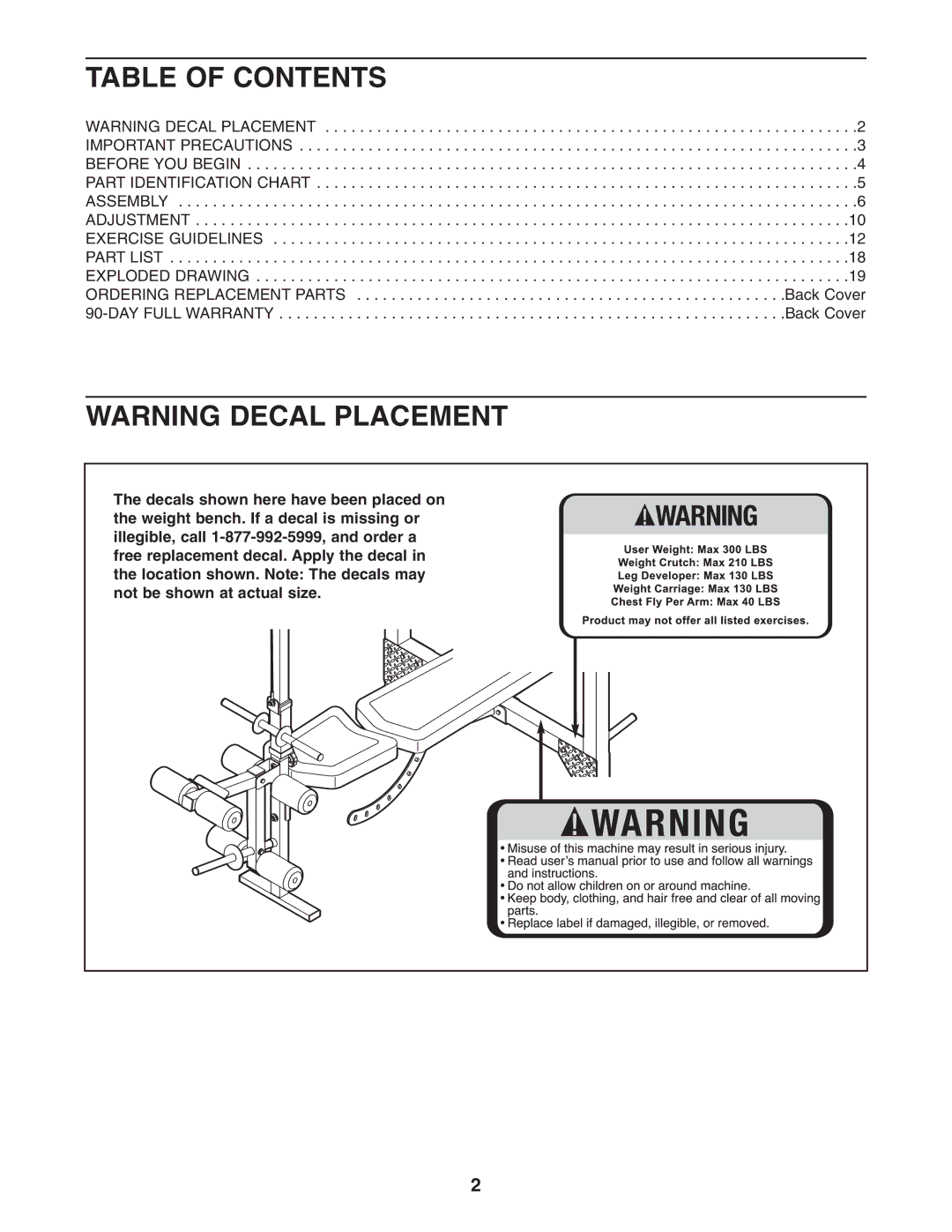 Weider 831.15711.0 user manual Table of Contents 