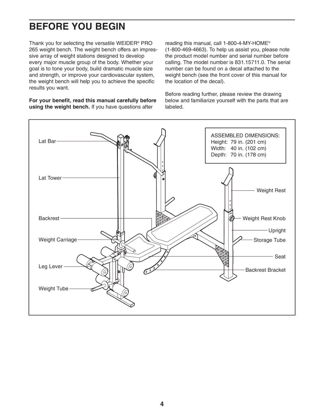 Weider 831.15711.0 user manual Before YOU Begin, Assembled Dimensions 