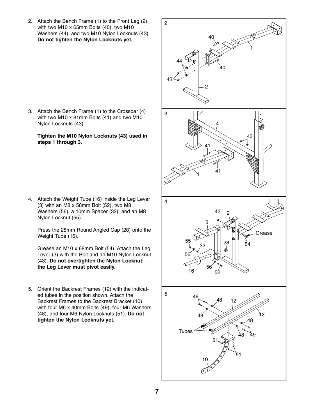 Weider 831.15711.0 Do not tighten the Nylon Locknuts yet, Tighten the M10 Nylon Locknuts 43 used Steps 1 through 